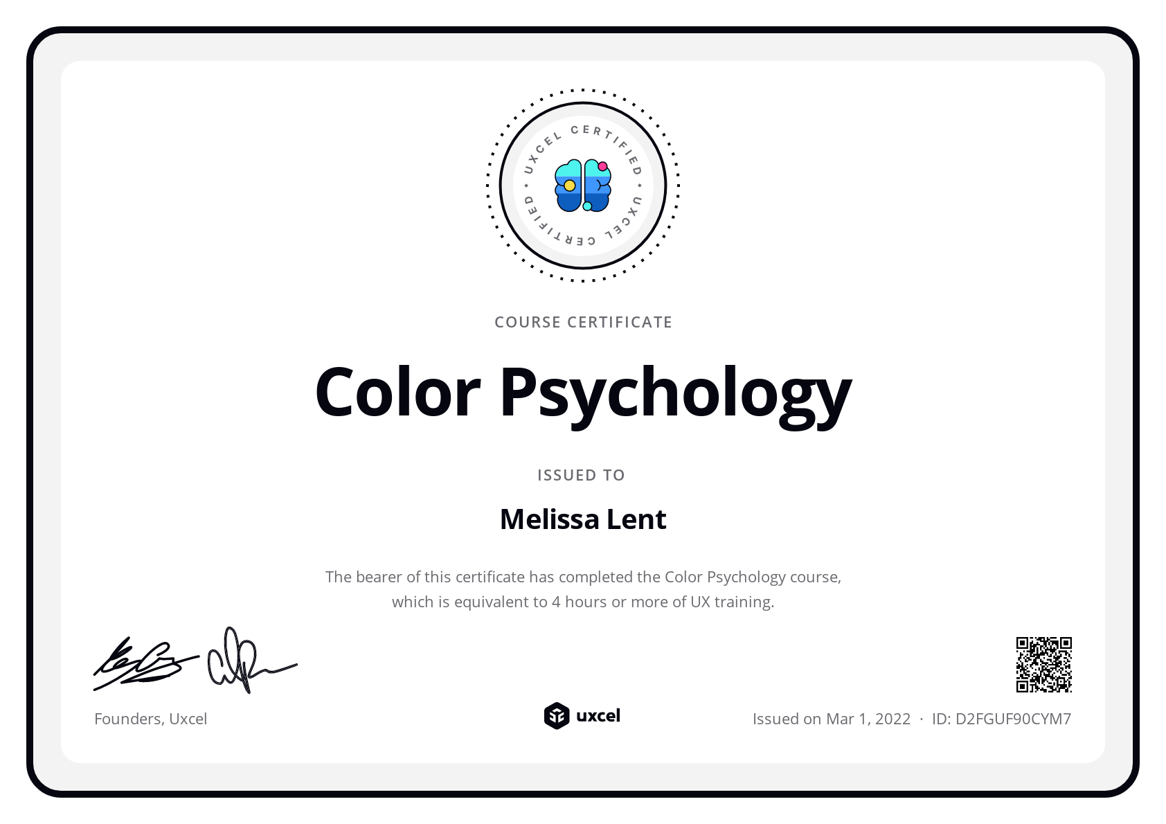Melissa Lent's certificate